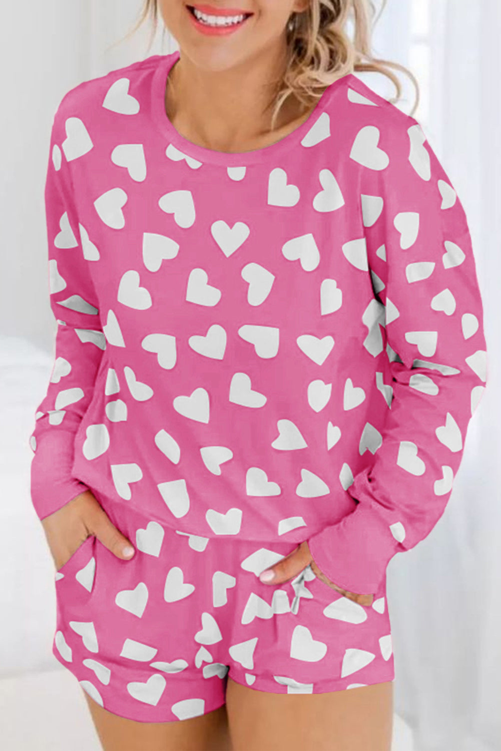 Pink Valentine Heart Shape Print Long Sleeve Top Shorts Lounge Set!