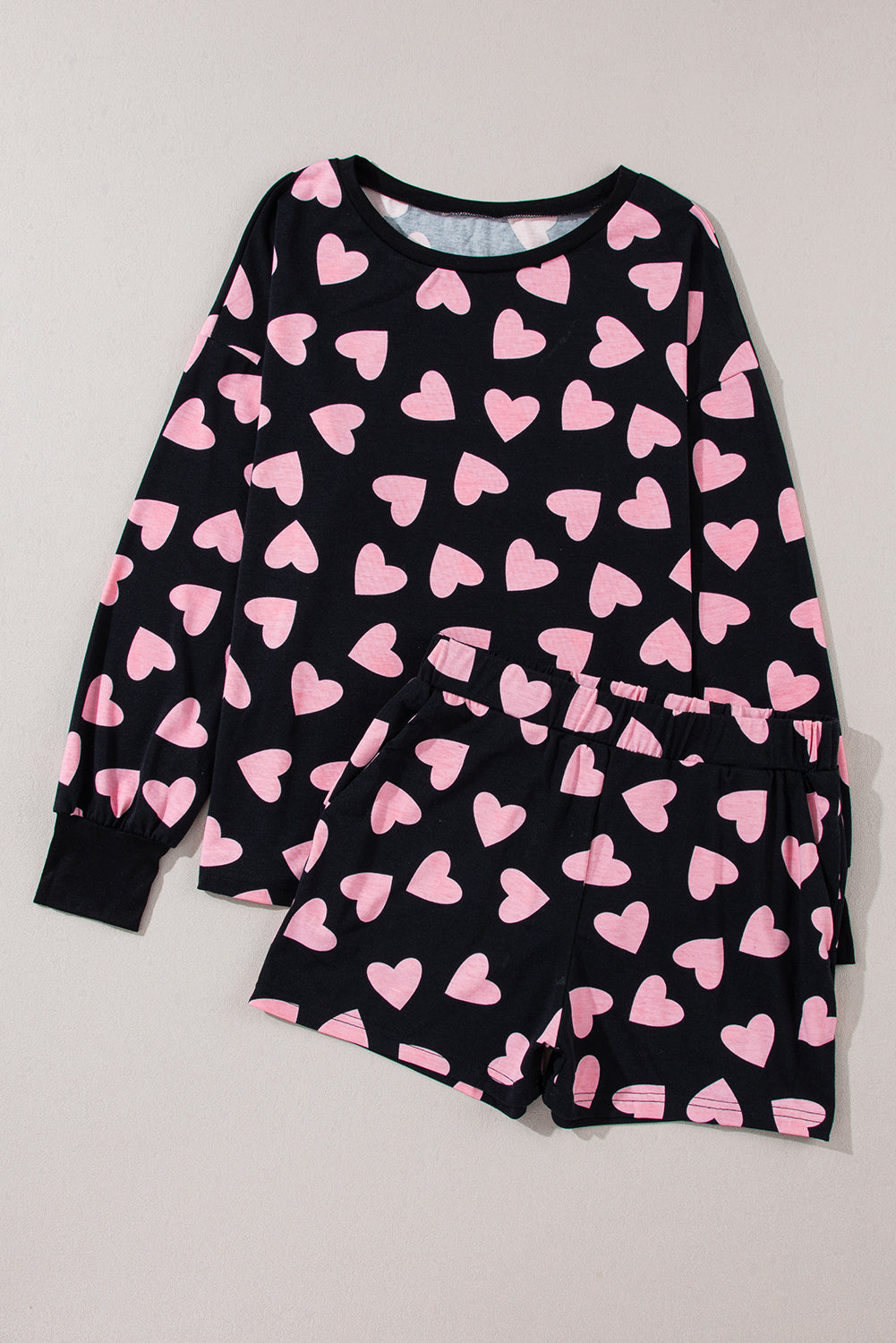 Pink Valentine Heart Shape Print Long Sleeve Top Shorts Lounge Set!