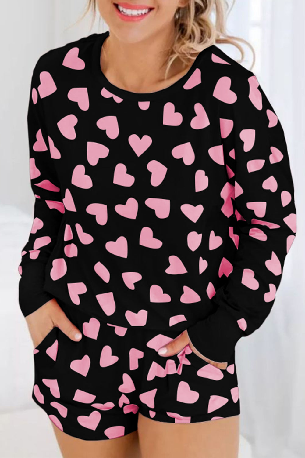 Pink Valentine Heart Shape Print Long Sleeve Top Shorts Lounge Set!
