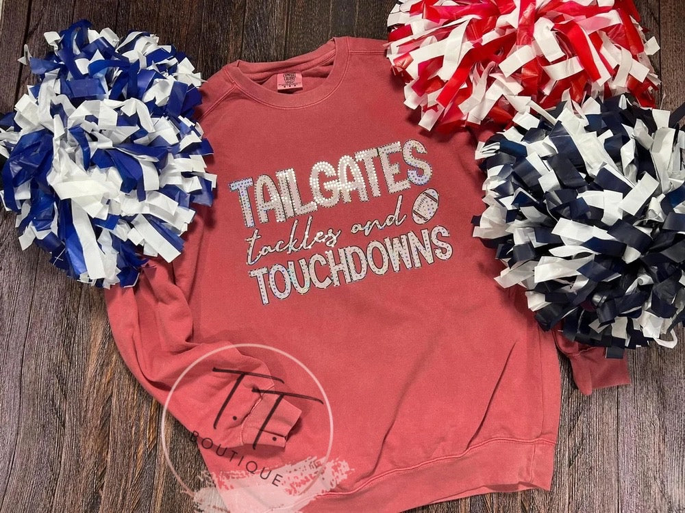 Tailgates, Tackles and Touchdowns Spangle Gildan Crew Fleece