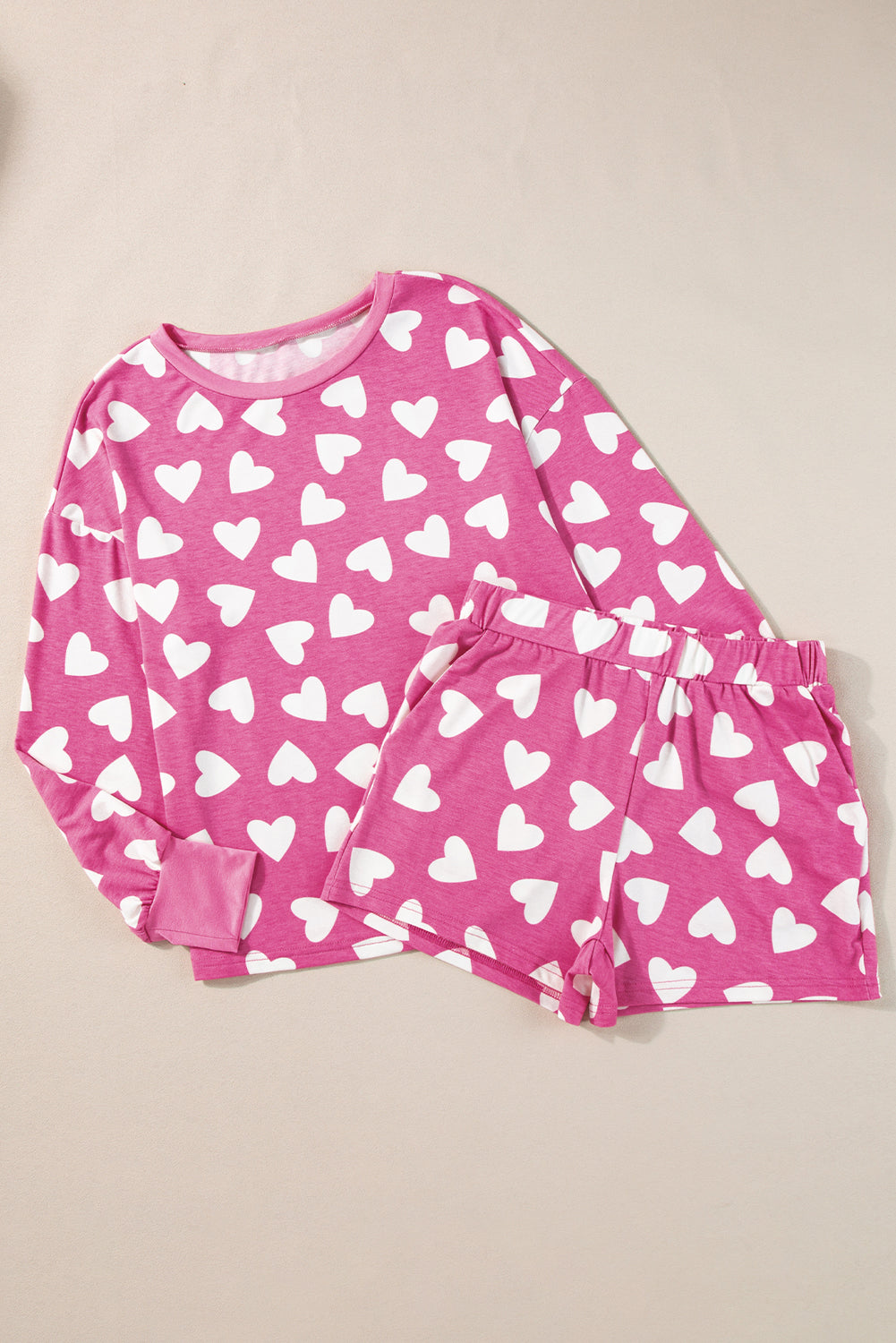 Pink Valentine Heart Shape Print Long Sleeve Top Shorts Lounge Set!